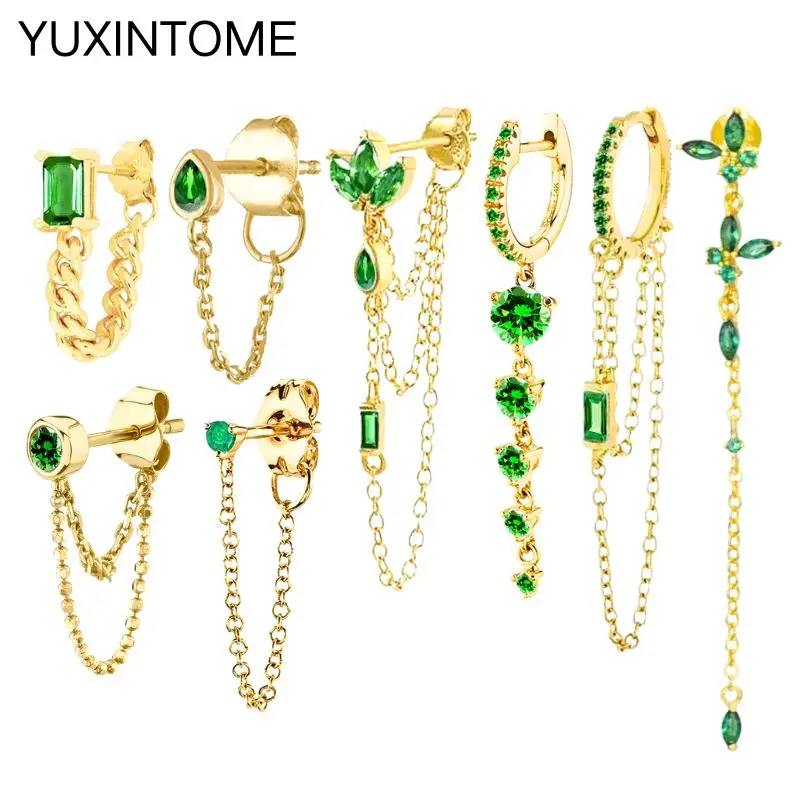

925 Sterling Silver Needle Green Zirconia Long Chain tassel Earrings Women's Luxury Geometry Pendant Stud Earrings Fine Jewelry