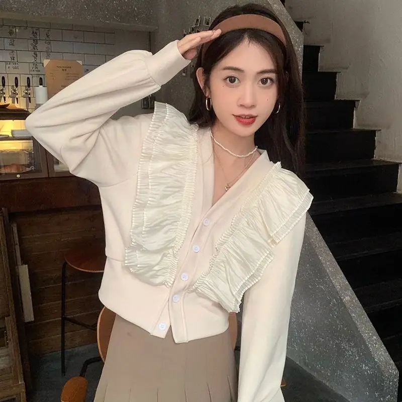 

Ruffles Shirts&blouses Women Tops Spring Autumn V Neck Sweet Blusas Muujer Solid Korean Fashion Elegant Camisas