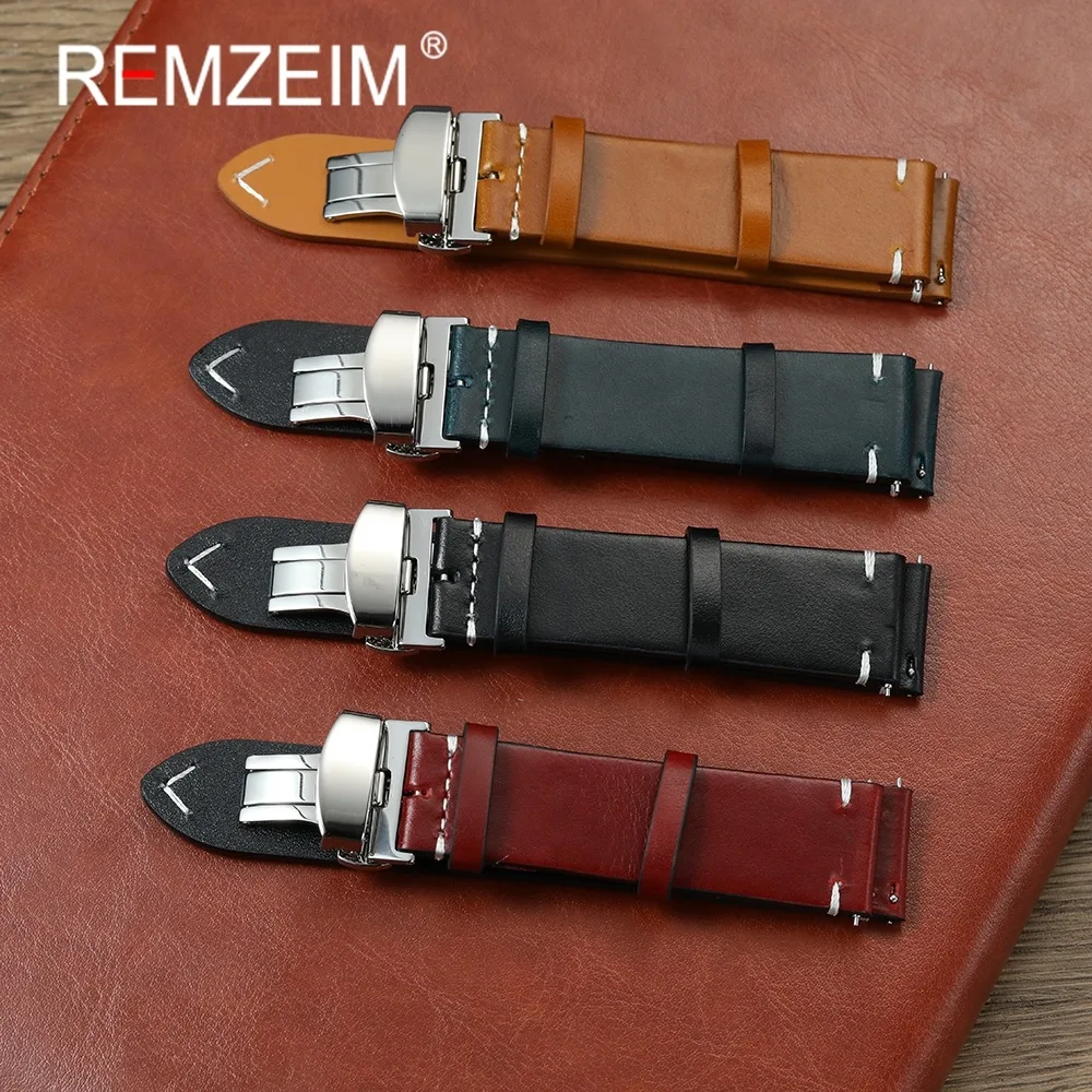 Quick Release Oil Wax Leather Watchband 18mm 20mm 22mm Cowhide Watch Strap Replacement Men Wristband with Butterfly Buckle