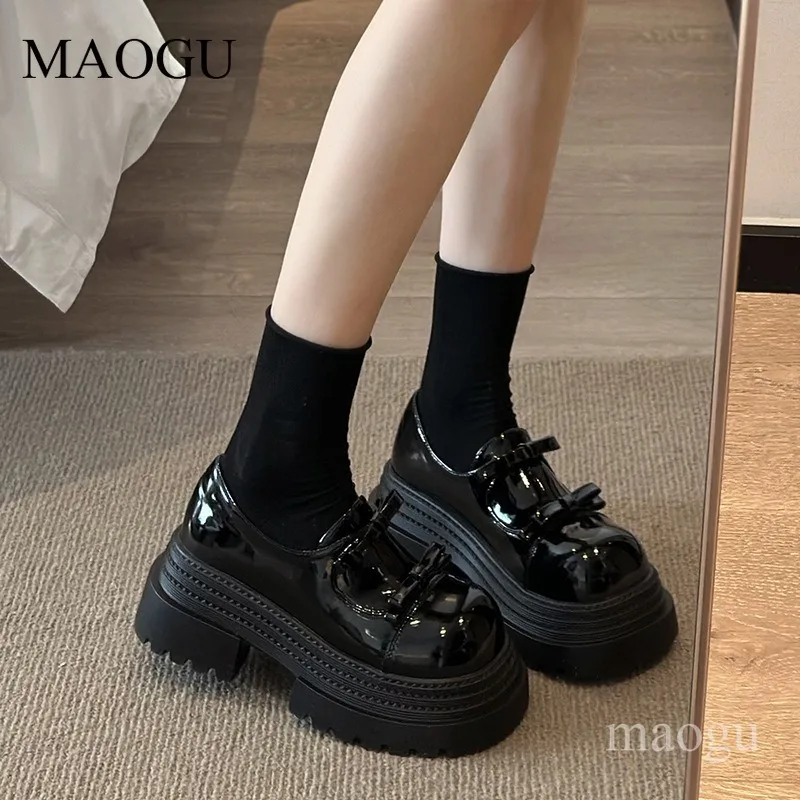 

2026 New Women's Black Leather Platform Mary Jane Shoes Double Bowknot Decor Chunky Sole Lolita Style Round Toe Casual Shoes