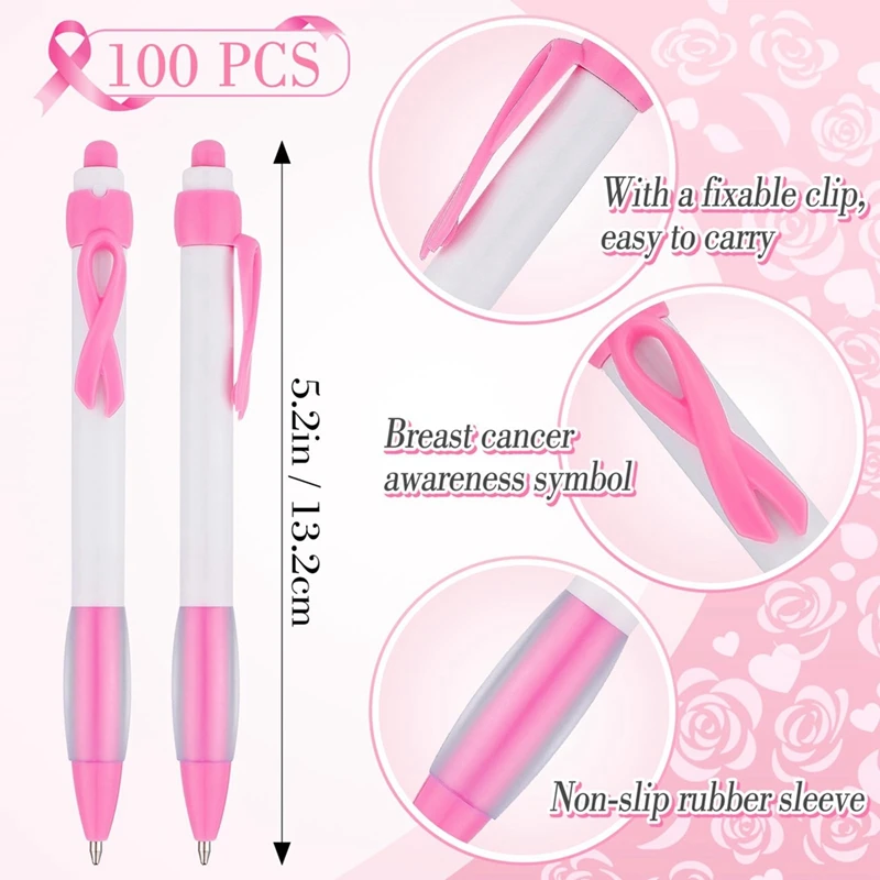 Pink Ribbon Pens Bulk, Black Ink Retractable Ballpoint Pens For Office Supply Women Girls Gift