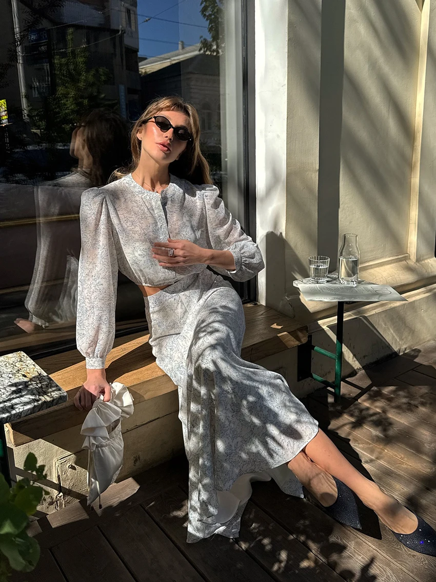Marthaqiqi Fashion Female Nightgown Suit Long Sleeve Pajama O-Neck Nightie Crop Top Nightwear Long Skirts Printing Sleepwear Set