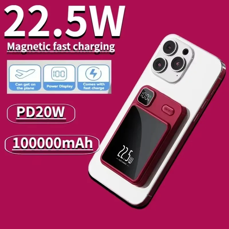 

100000mAh Wireless Power Bank 22.5W Magnetic Qi Portable Powerbank Type C Fast Charger For iPhone8-15 Mini MaCsafe