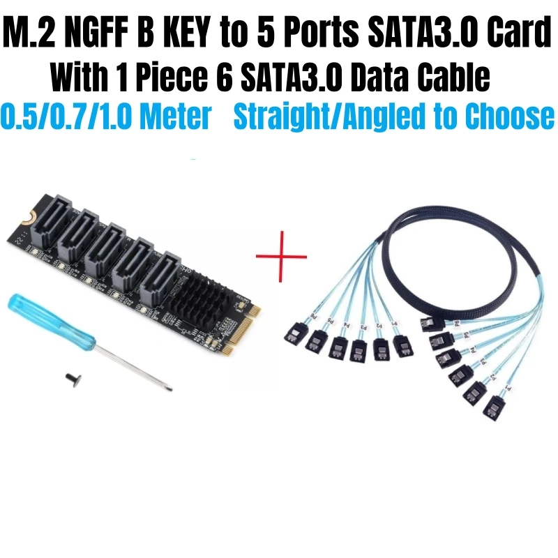 

5 Ports SATA3.0 SATAIII 6Gbps M.2 NGFF B KEY Slot, SSD HDD Expansion Adapter Card JMB575 Chipset, 6 SATA3.0 Data Cable Optional