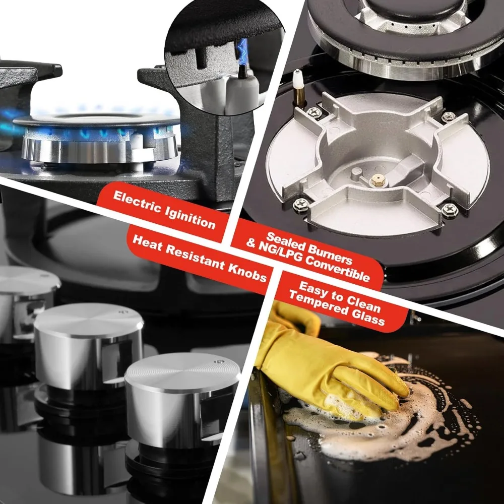 Estufa de gas de 30 pulgadas con 5 quemadores, estufa de vidrio templado integrada, GPL/NG Convertible, 3-55,900 BTU, protección contra llamas, eléctrica