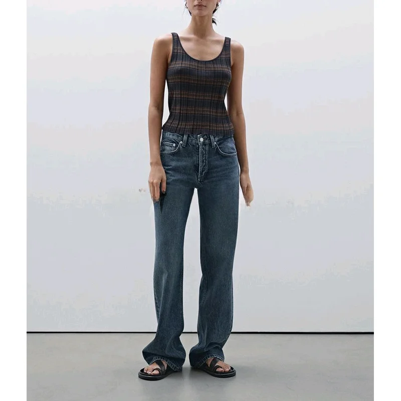 

Spring Summer New Women's Clothing Skin-friendly Cotton Striped Knitted U-ne Vest Svel T-irt Commute Sle ort Le...