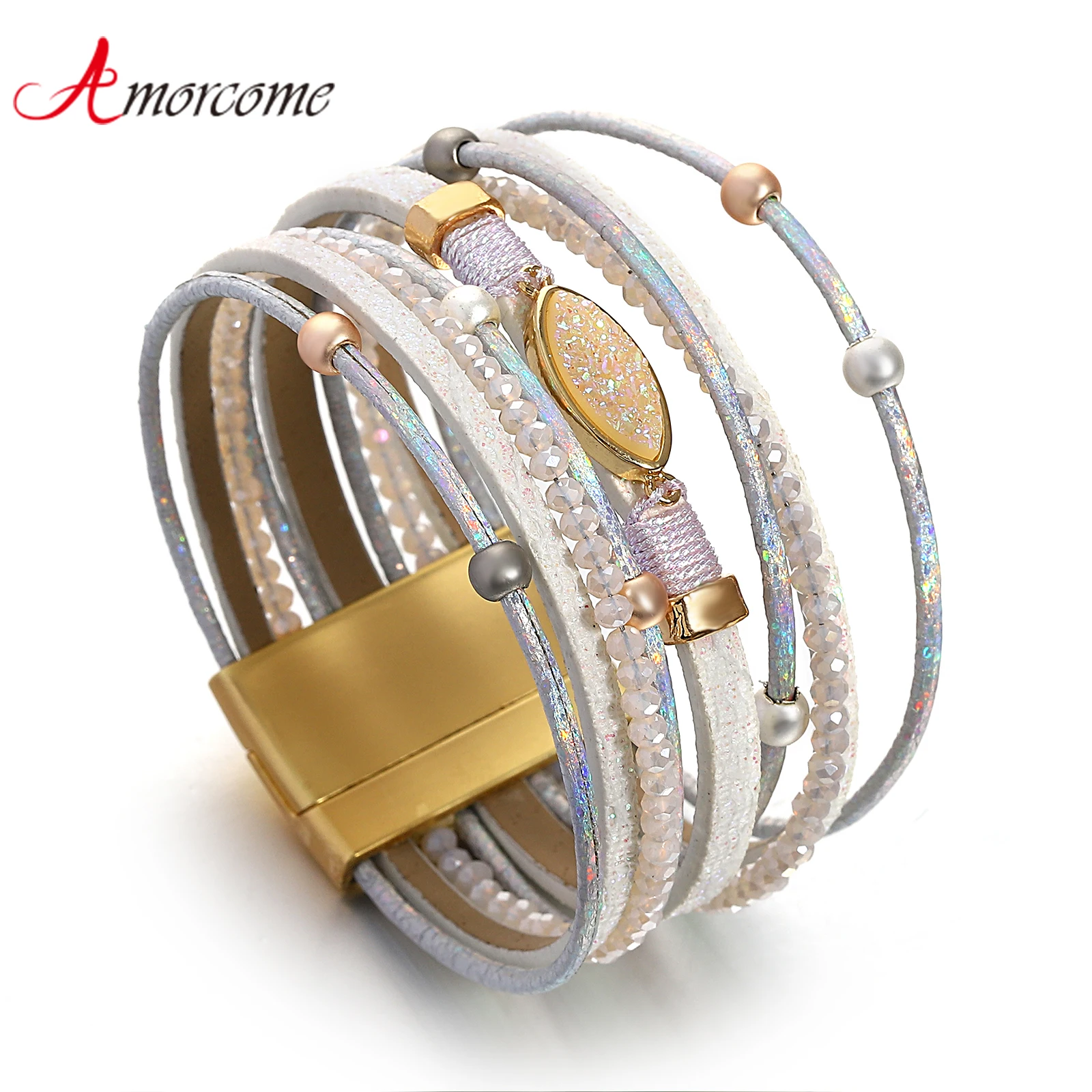 Amorcome Boho Resin Stone Leather Bracelet for Women Elegant Crystal Beads Chain Multilayer Wrap Bracelet Fashion Jewelry Gift