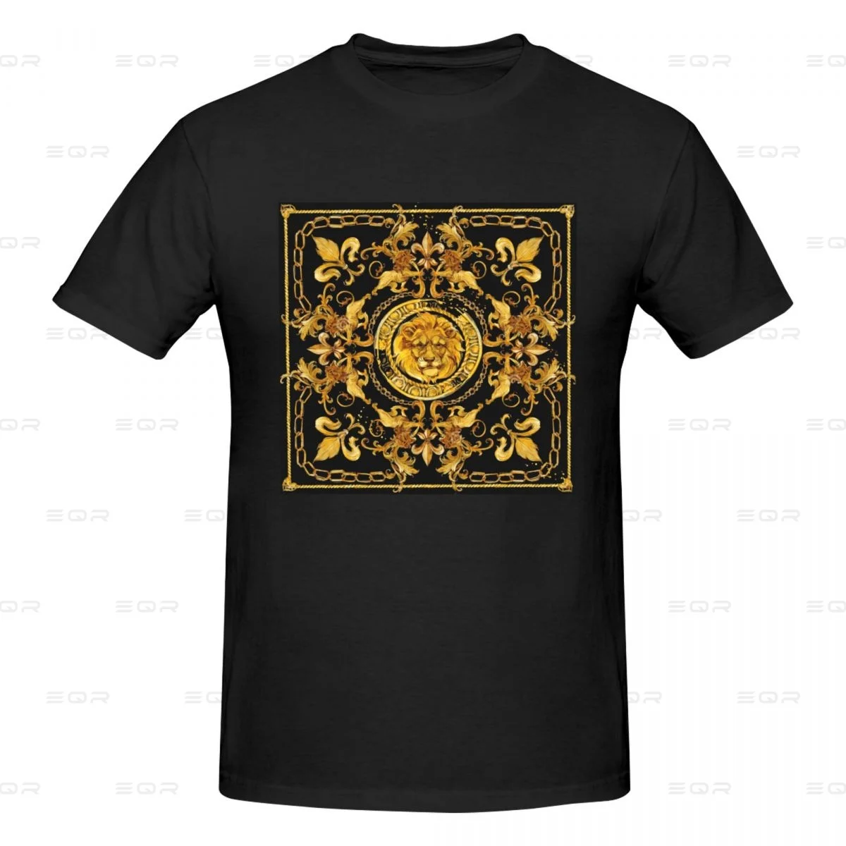 Golden Lion And Damask Ornament Men's round neck T-shirt,Tee Shirt Short Sleeve Novelty all the year round Gift,3D print