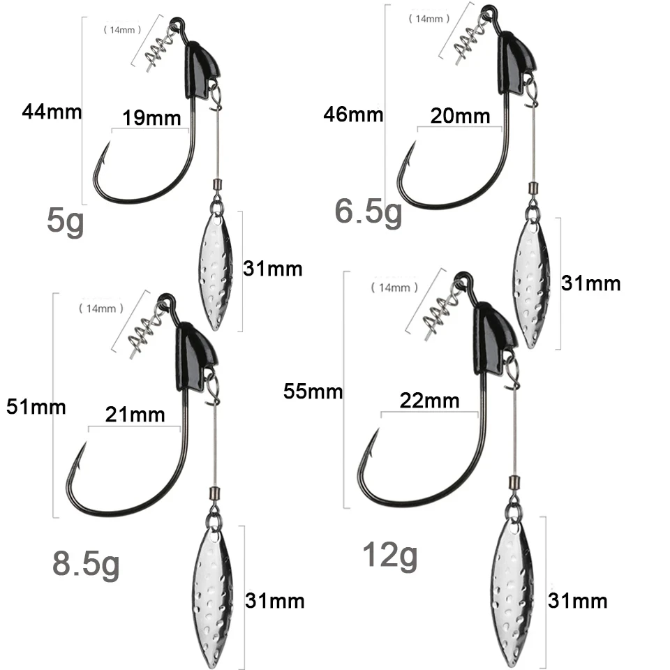 5pcs Weighted Fishing Hooks with Twist Locks 5g 6.5g 8.5g 12g Jig Head Hook Spinning Blade Wide Crank Fishhooks For Bass Fishing