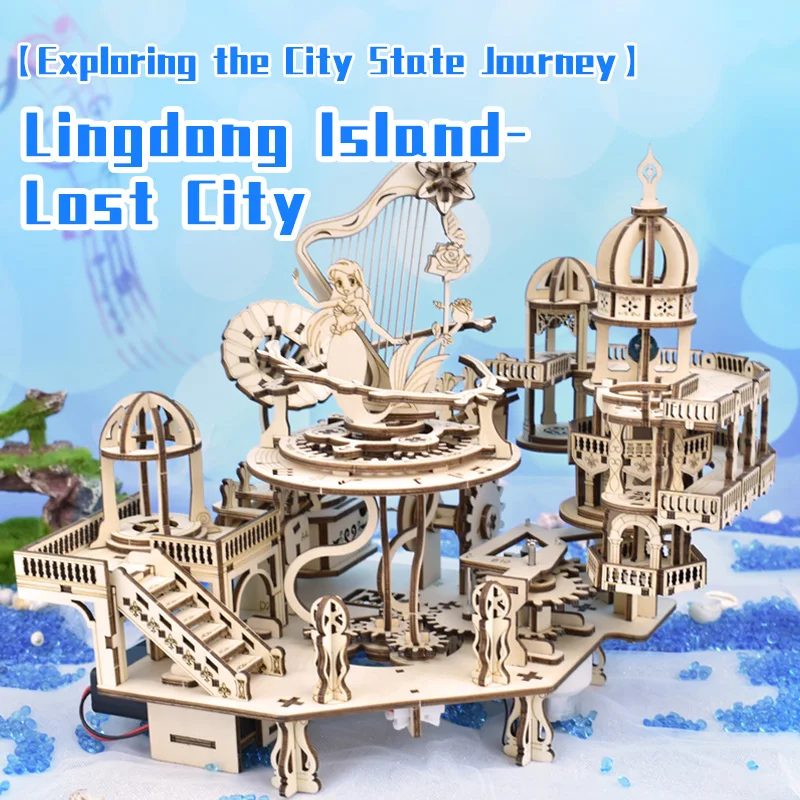 3D Wooden Puzzle The Lost City Music Box Miniature Model Kits Mechanical Gear Rotation Puzzles Friends Birthday Gift Home Decor