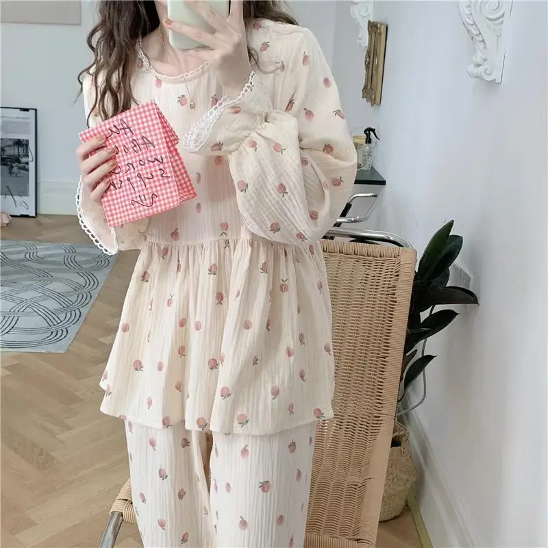 Peach Print Sleepwear Women Pajama Sets Korean Piiama Ruffles Pants Sets for Women 2 Pieces Autumn Night Wears O-neck Home Suit