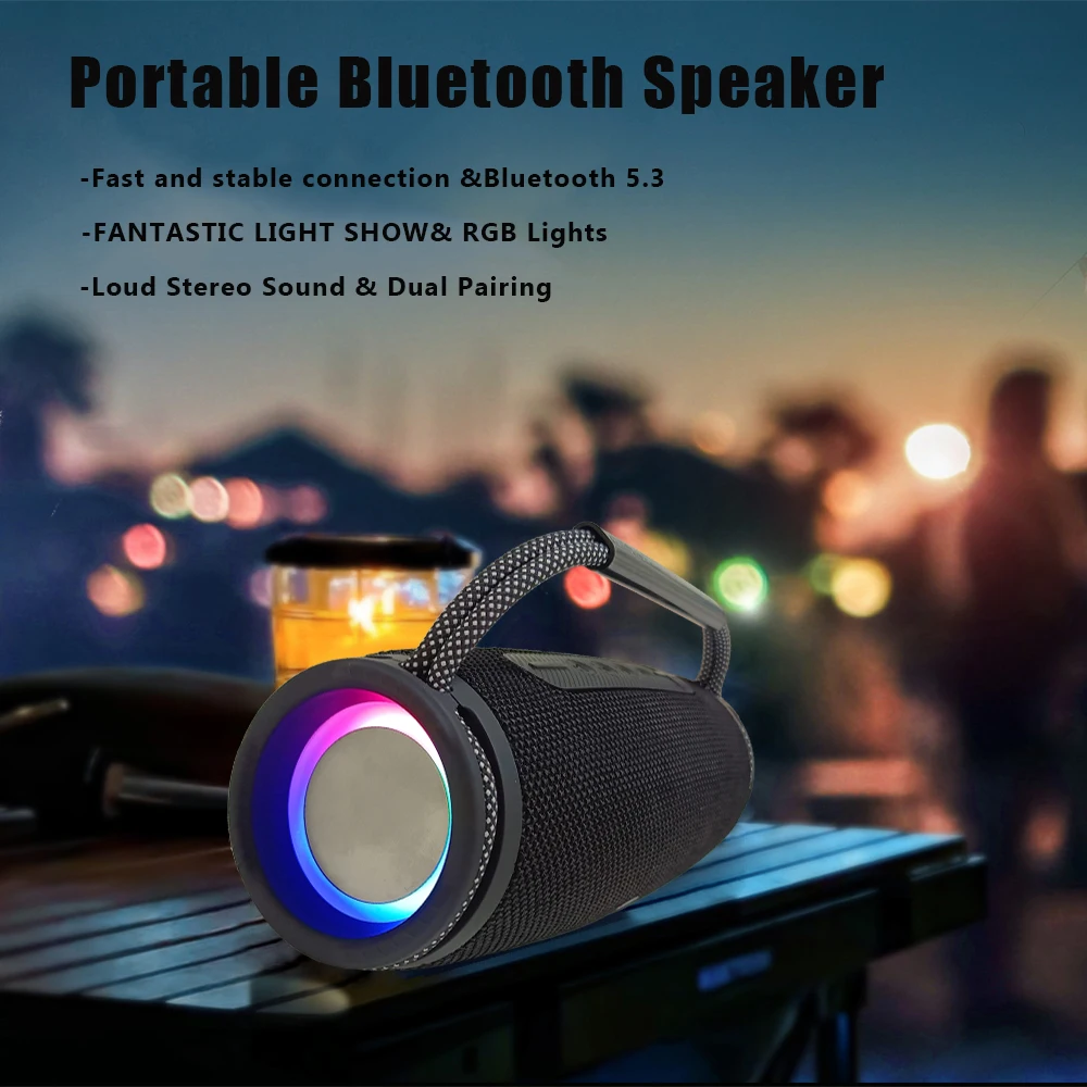 Portable Bluetooth Speaker with RGB Lights,Wireless Speakers with HD Sound 15W Super Bass for Home Party Outdoor Beach Travel