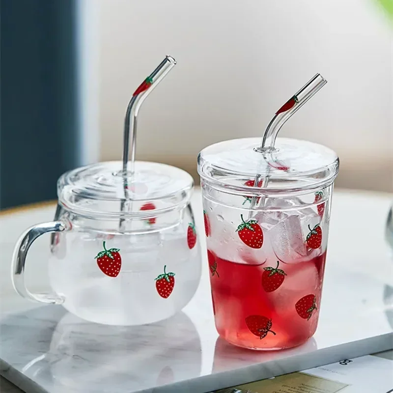 Kawaii Strawberry Glass Mug with Straw Creative High Temperature Resistance Clear Glass Water Cups Household Milk Juice Tumbler