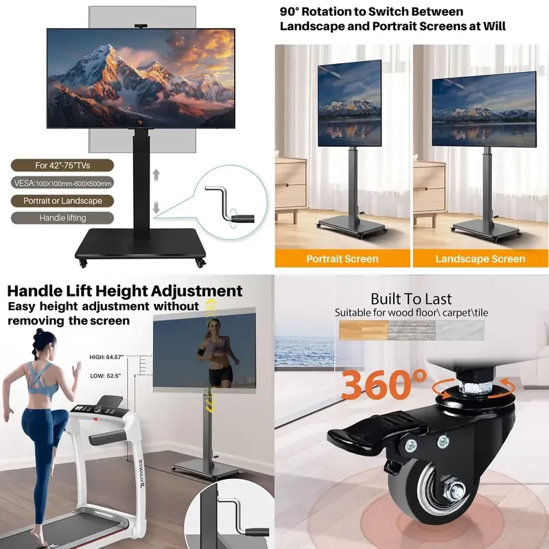 Rolling TV Stand with Hand Crank Lift,Wheels,Mobile TV Cart for 42-75inch TVs with Rotating Height Adjustable Portable Stand