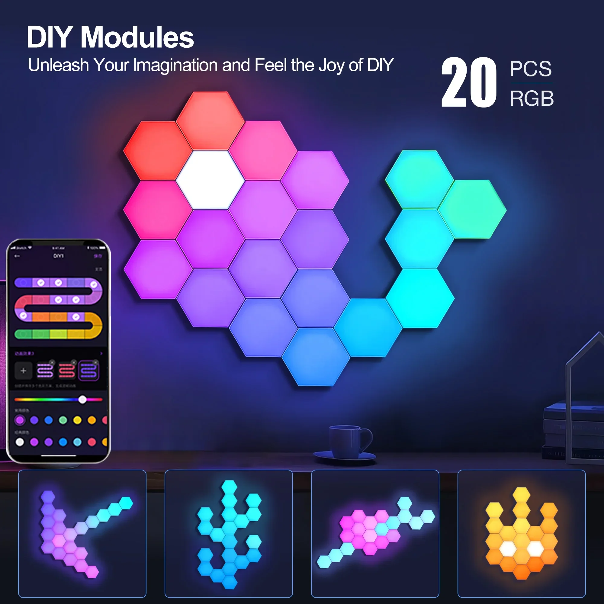 Imagem -02 - Mergbw-lâmpada de Parede Inteligente Hexagonal Mudando a Luz Colorida Noite Ambiente Dyi Música Sync App Neon Corda Luz Sala de Jogos