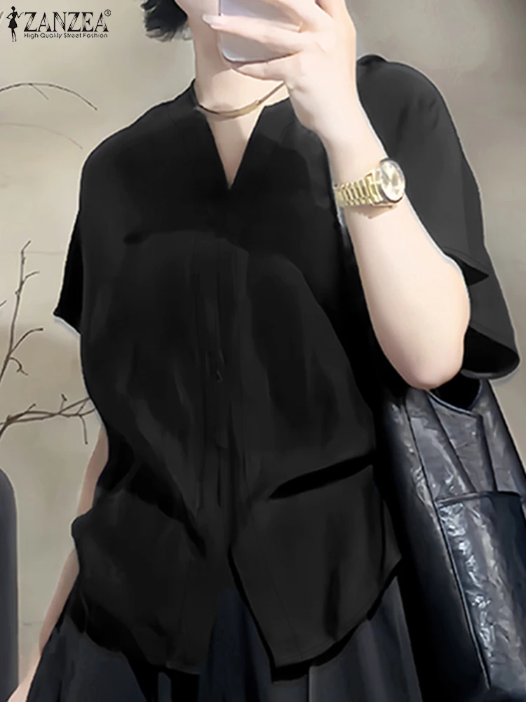 2025年 エレガント オフィスシャツ ZANZEA サマーブラウス レディース Vネック カジュアル 半袖 チュニック トップス おしゃれ 無地 ワーク OL ブラウス