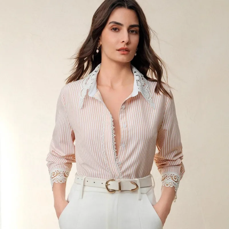 

Женская мода, универсальная и элегантная новая полосатая рубашка с длинными рукавами и вышивкой для поездок на работу