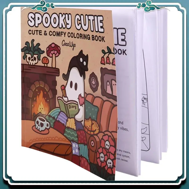 Easy To Use Spooky Cute Coloring Book For Adults & Teens Featuring Adorable Creepy Creatures In Cozy Hygge Moments For Relax
