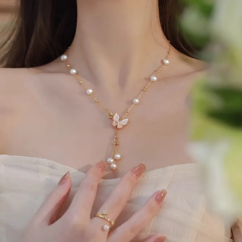 

Sweet Butterfly Design 100% Real Freshwater Pearl 18k Gold Plated Filled Female Necklace Jewelry For Women Clavicle Chains Gifts