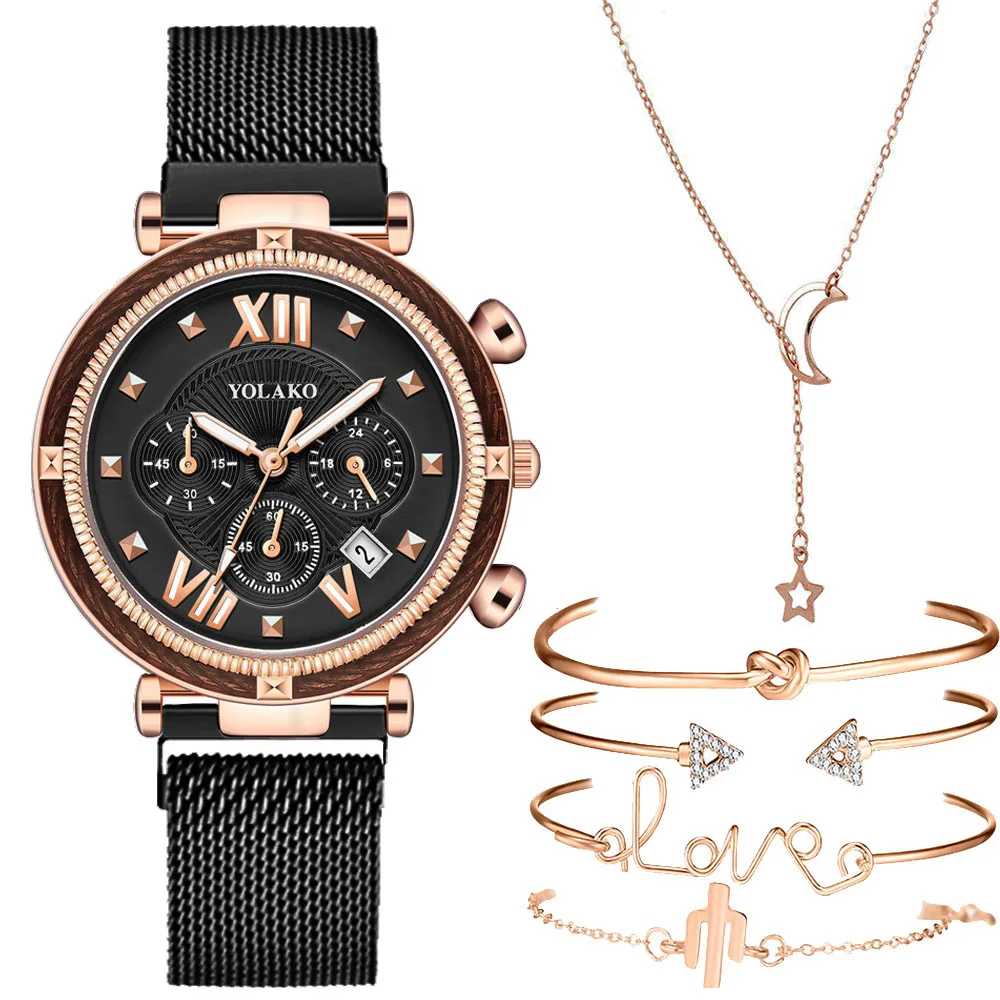

6PCS Set Luxury Watch Women Ring Necklace Earrings Rhinestone Fashion Wristwatch Female Casual Ladies Watches Bracelet Set Clock