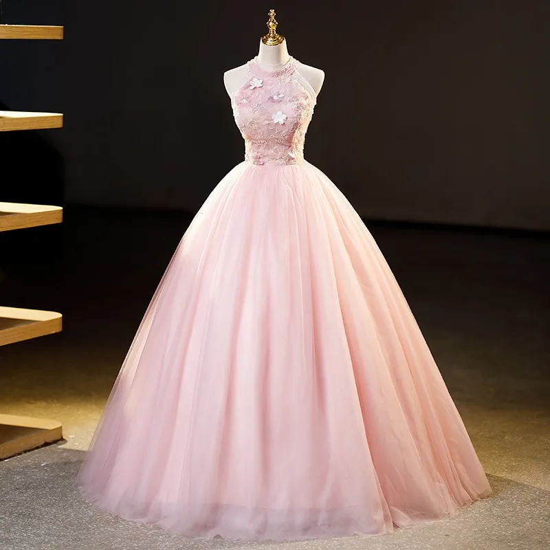 Süße rosa Quince anera Kleider elegante Halfter zarte Perlen geschwollene Ballkleid einfache Tüll Applikation Vestido de Debütantin