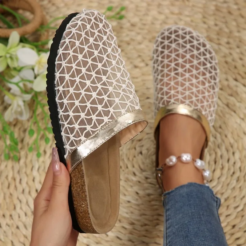 Large Size Women's Shoes Breathable Mesh Open-Toe Slip-On Summer Fashion Woven Lightweight Anti-Slip Casual Flat Sandals