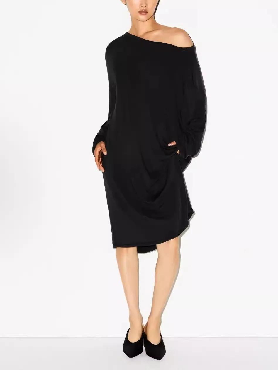 

Женское вязаное платье Ele Simple Fashion с длинным рукавом, свободное, удобное, с широким вырезом-лодочкой, миди, винтажное, из хлопка и модала