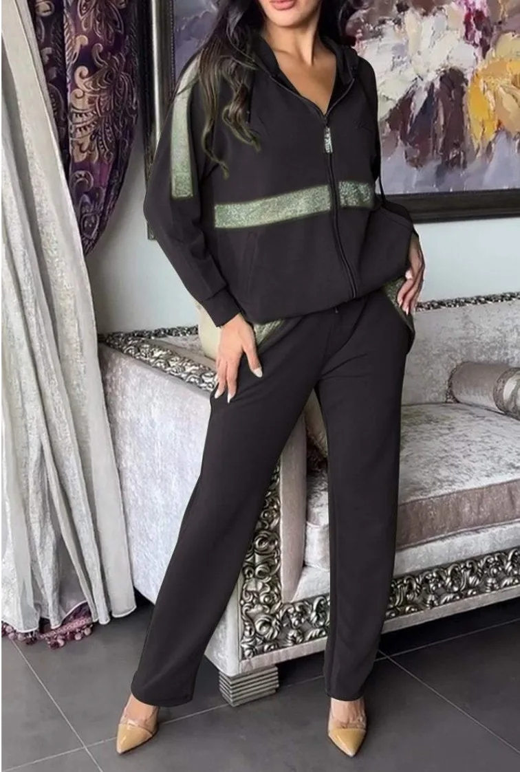 

2025 Fashion Sequin Splicing Long Sleeved Hooded Zipper Sweatshirt Set For Autumn And Winter New Casual Loose Pocket Pants Set