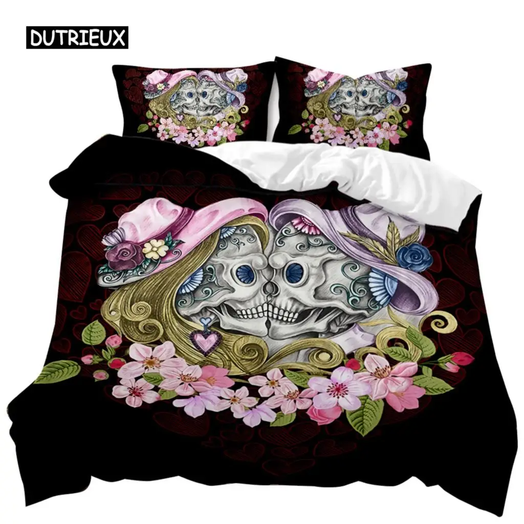 

Skull Duvet Cover Set Rose Floral Twin Bedding Set Printed Valentine's Day Halloween Skull Gothic Skeleton Polyester Qulit Cover