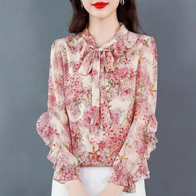 Office Lady Broken Flowers Printed Elegant Scarf Collar Blouse Female Ruffles Spliced Spring Autumn Bow Drawstring Korean Shirt