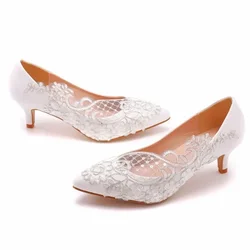 Women Pumps Pointed Toe Lace Slip-On PU 5CM Thin Heels Elegant And Minimalist Mature Banquet Wedding Shoe Sexy Ladies Party Shoe