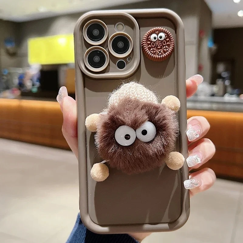 Cute 3D Plush Coal Ball Case For Samsung Galaxy S24 Ultra S23 FE S22 Plus S21 S20 A32 A52 A13 A33 A53 A14 A34 A54 5G Soft Cover