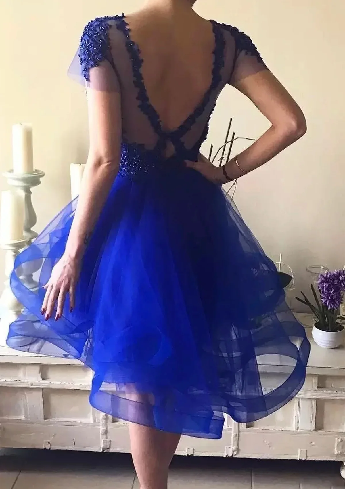 Royal Blue Prom Dresses Short Front Long Back Beaded Applique Short Sleeves Tulle Backless Formal Party Graduation Evening Gowns