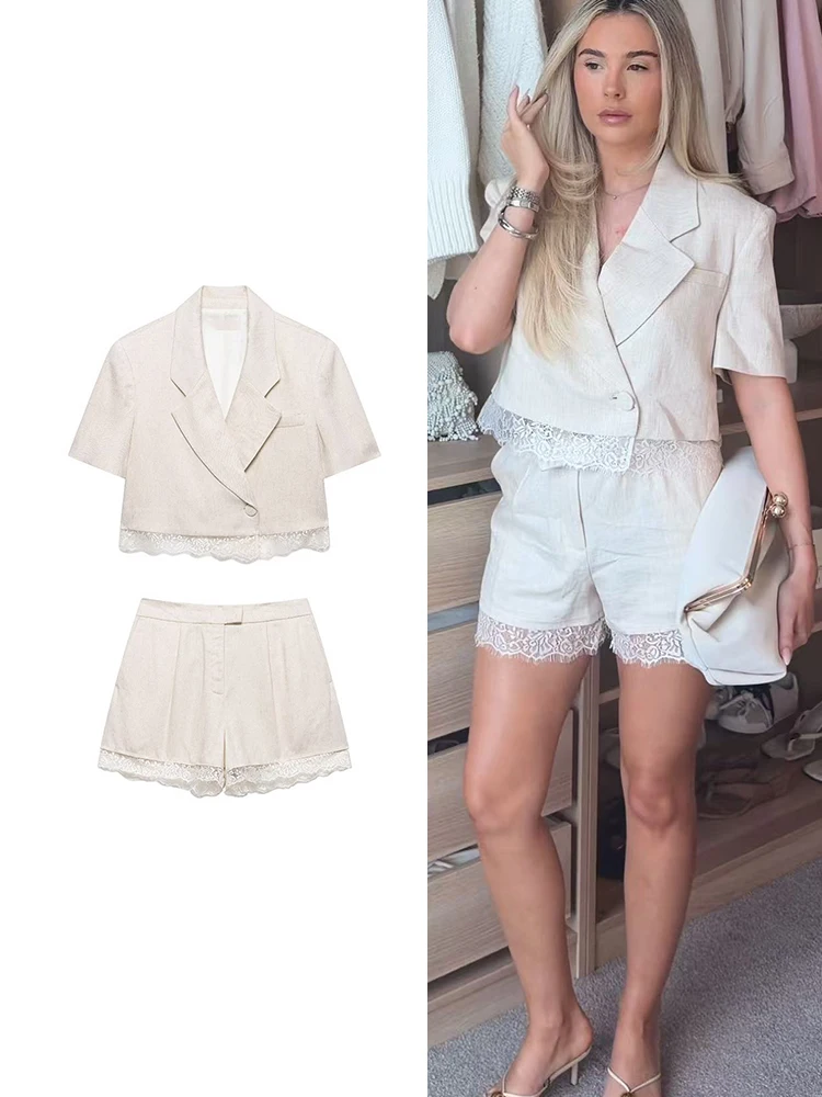 TFMLN Summer New Women Shorts Set Fashion Lace Stitching Solid Lapel Short Sleeve Crop Suit Coat+High Waist Zipper Casual Shorts