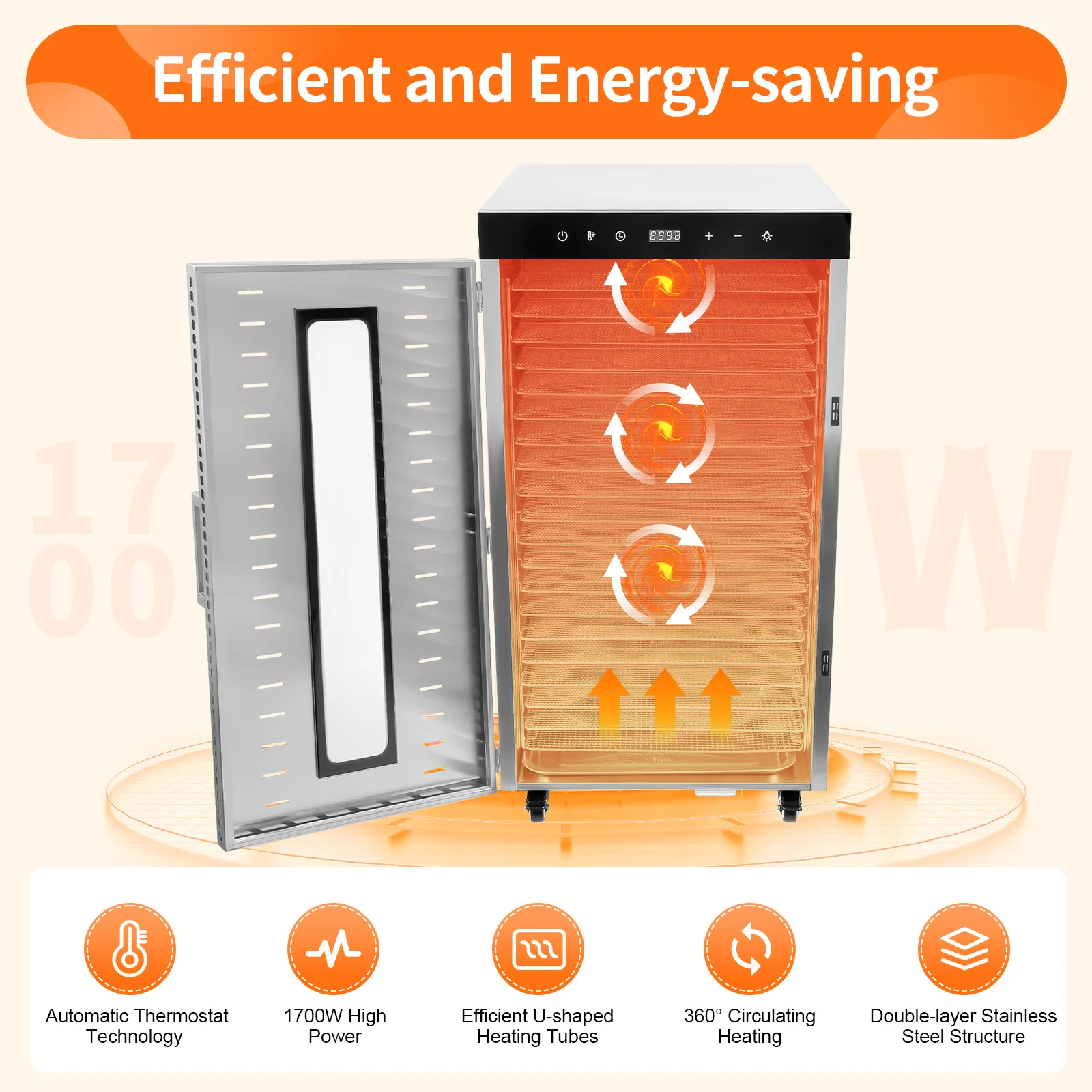 เครื่องอบแห้งอาหารเชิงพาณิชย์ 20 ชั้น, เครื่องอบแห้งอาหาร 1700W สำหรับบ้านผลไม้, ร้านขายสัตว์เลี้ยง อบผักผลไม้ต่างๆ