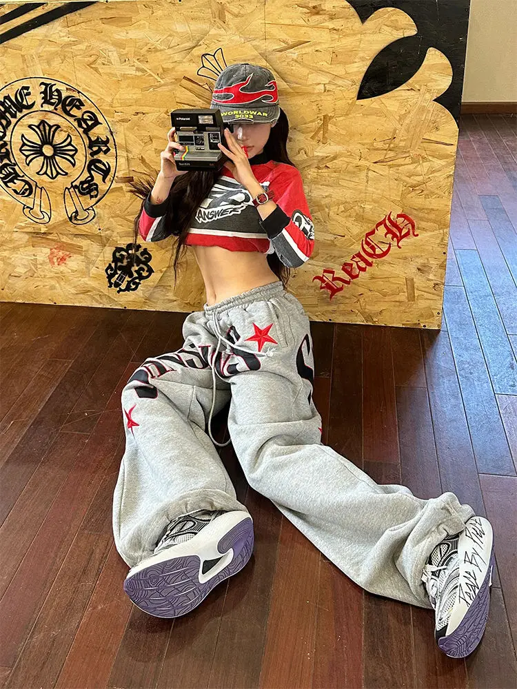 American Street Rock Hot Girl Style Baggy Sports Pants for Women's Light Colour Printed Pattern Casual Wide Leg Pants New Pants