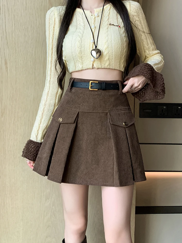College Style Vintage Mini Corduroy Skirt For Woman Autumn Winter Streetwear Slim Short A-line Skirts With Pocket