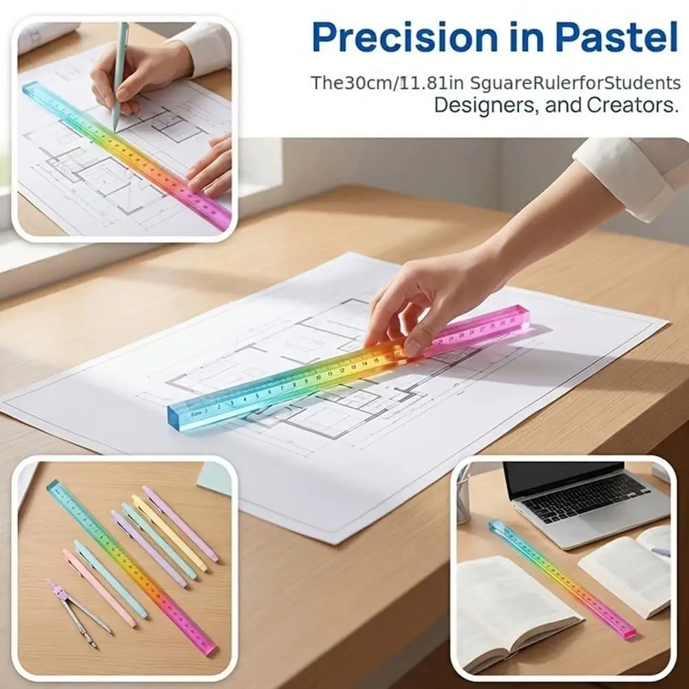 2-in-1 30cm Colored Ruler Geometric Acrylic Student Ruler Cube Drawing Tool Math Learning Stationery Set For office hone ues