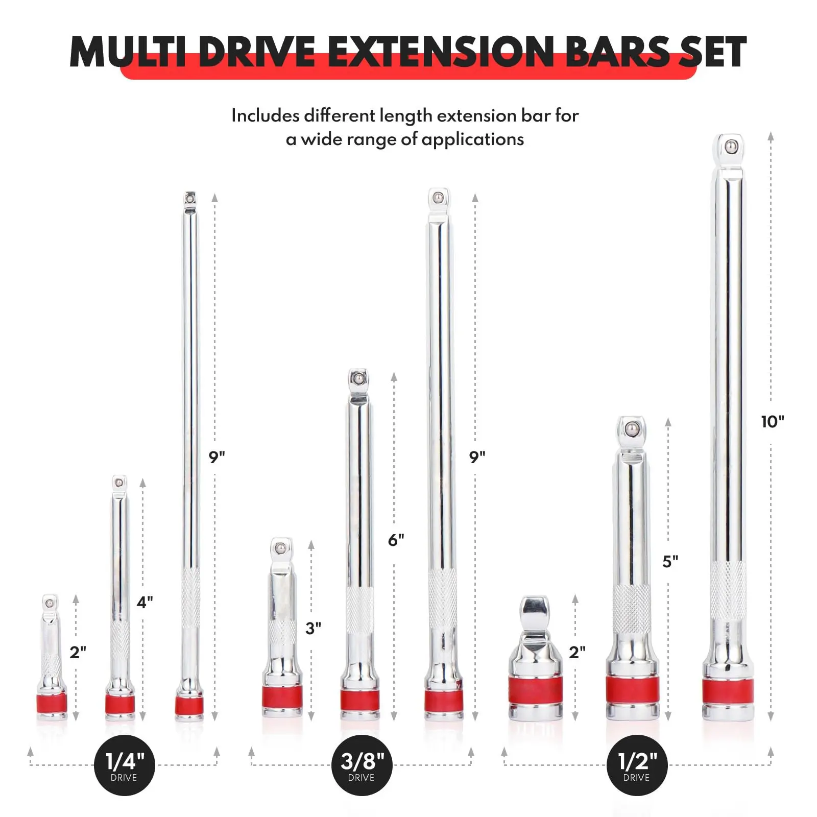 

9Pcs Wobble Socket Extensions Set, Ratchet Extensions 1/4" 3/8" 1/2", Wobble Extensions, Drive Socket Extension Length Bar Set