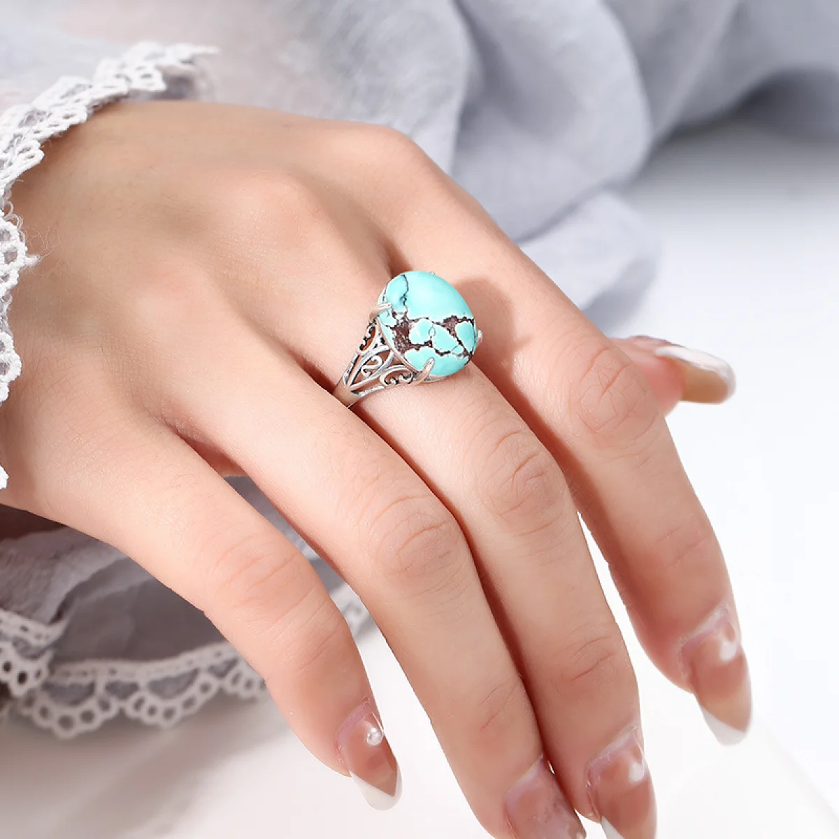 S925 Silver Open Adjustable Rings Oval Cabochon Emerald Turquoise Beeswax Settings For DIY Making Jewelry Gift for Women