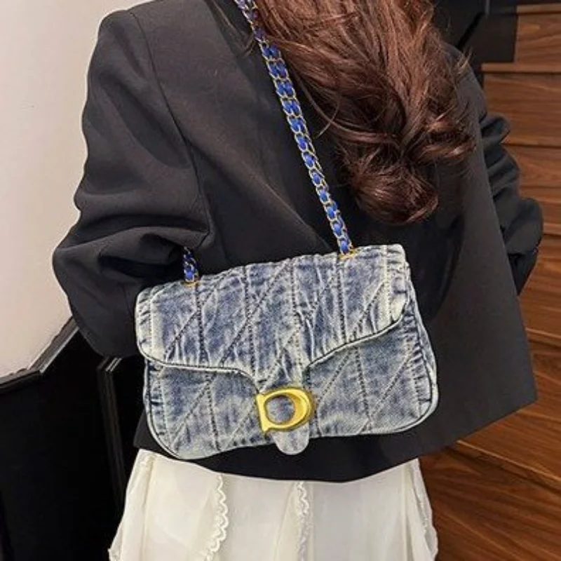 

Vintage Denim Crossbody Bag for Women - Quilted Pattern One-Shoulder Underarm Purse, Niche Design Trendy Western Style Handbag