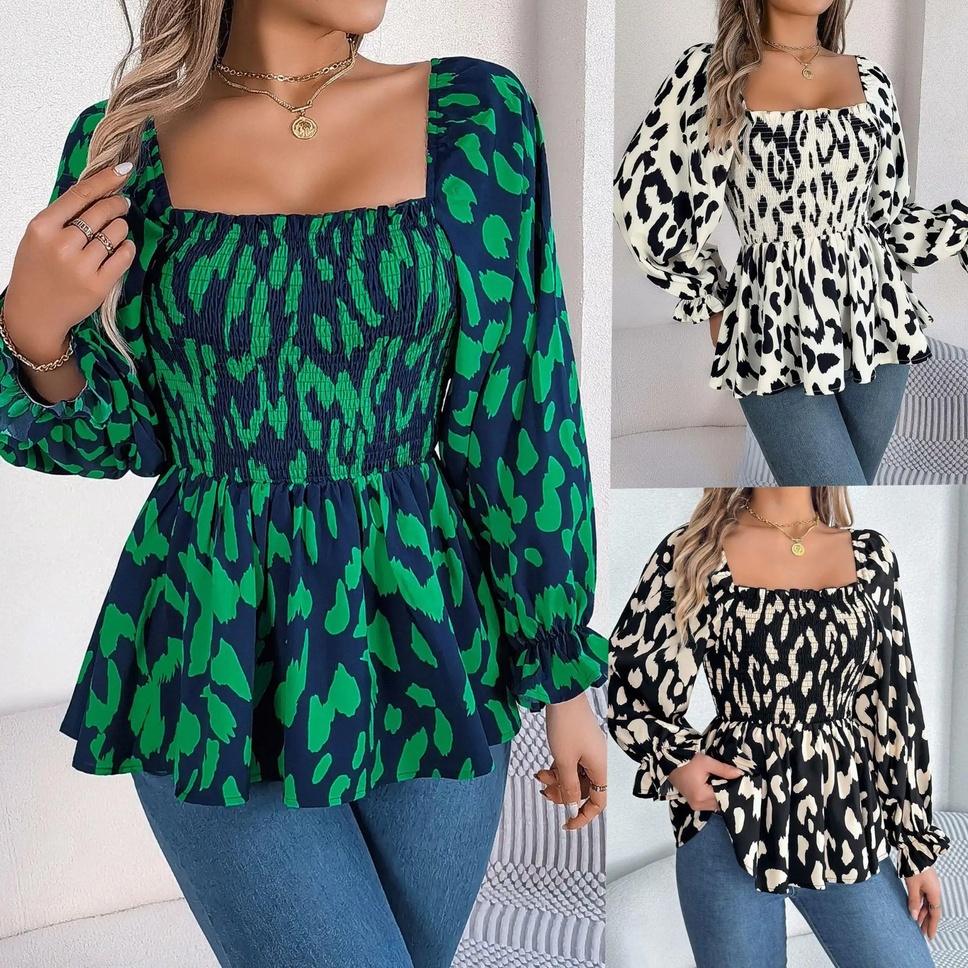

Блузка с леопардовым принтом, женская, с длинными рукавами-колокол, со сборками на талии, кружевная юбка из полиэфирного волокна, модная, трансграничный стиль