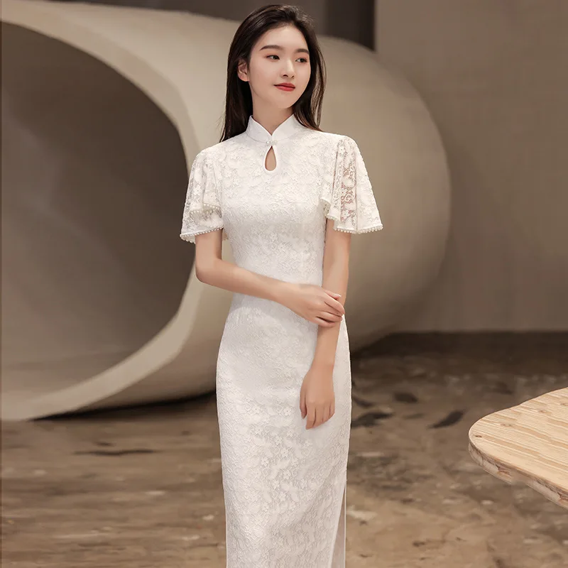 Qipao-Robe de banquet sexy en dentelle papillon, robes de style chinois, Cheongsams élégants, robe traditionnelle de mariée, longue robe éducative, nouveau, 2023