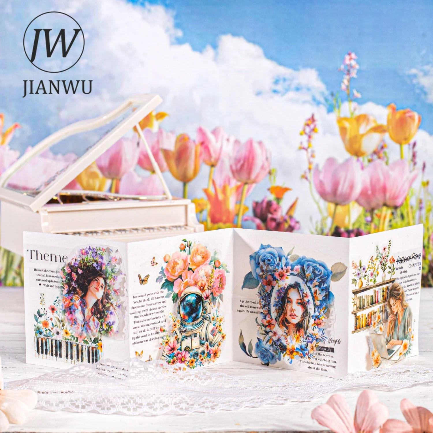 JIANWU 60mm*200cm 꽃 바다 표류 시리즈 빈티지 캐릭터 풍경 재료 콜라주 PET 테이프 크리 에이 티브 저널 편지지