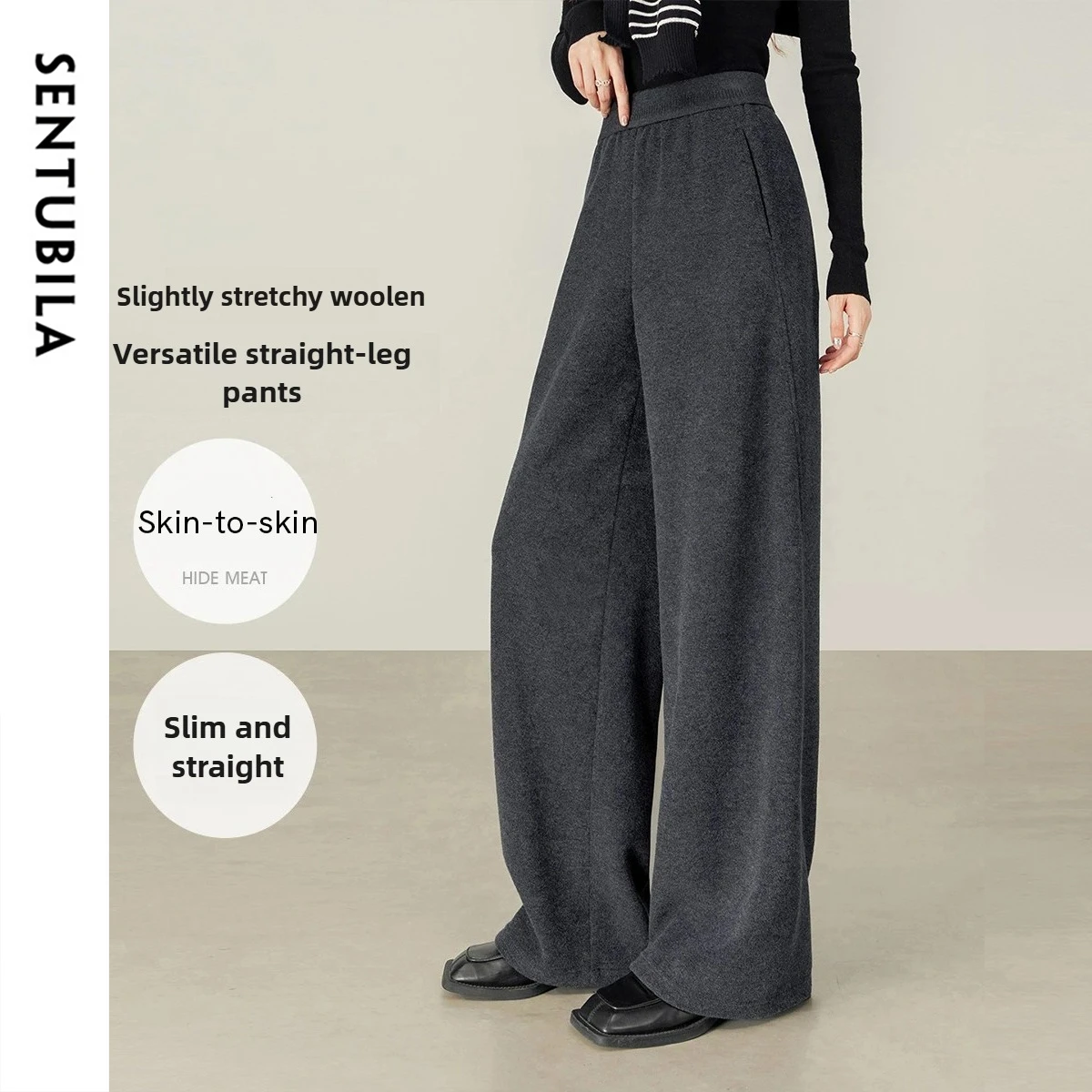 

SENTUBILA Simple Woolen Trousers for Woman Casual Solid Straight Pants Autumn Winter 2025 Women's Warm Long Pants 154K58927