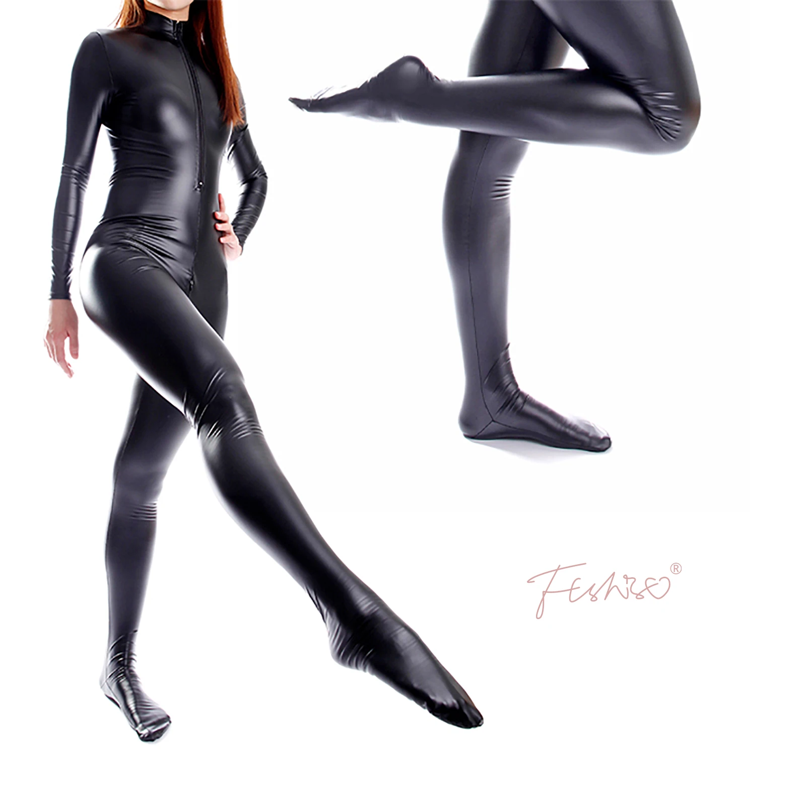 Ftshist Wet Look Catsuit Matte Black PVC Zentai Faux Leather Open Crotch Zipper Fullbody Long Sleeve Stretch Jumpuits Party Wear