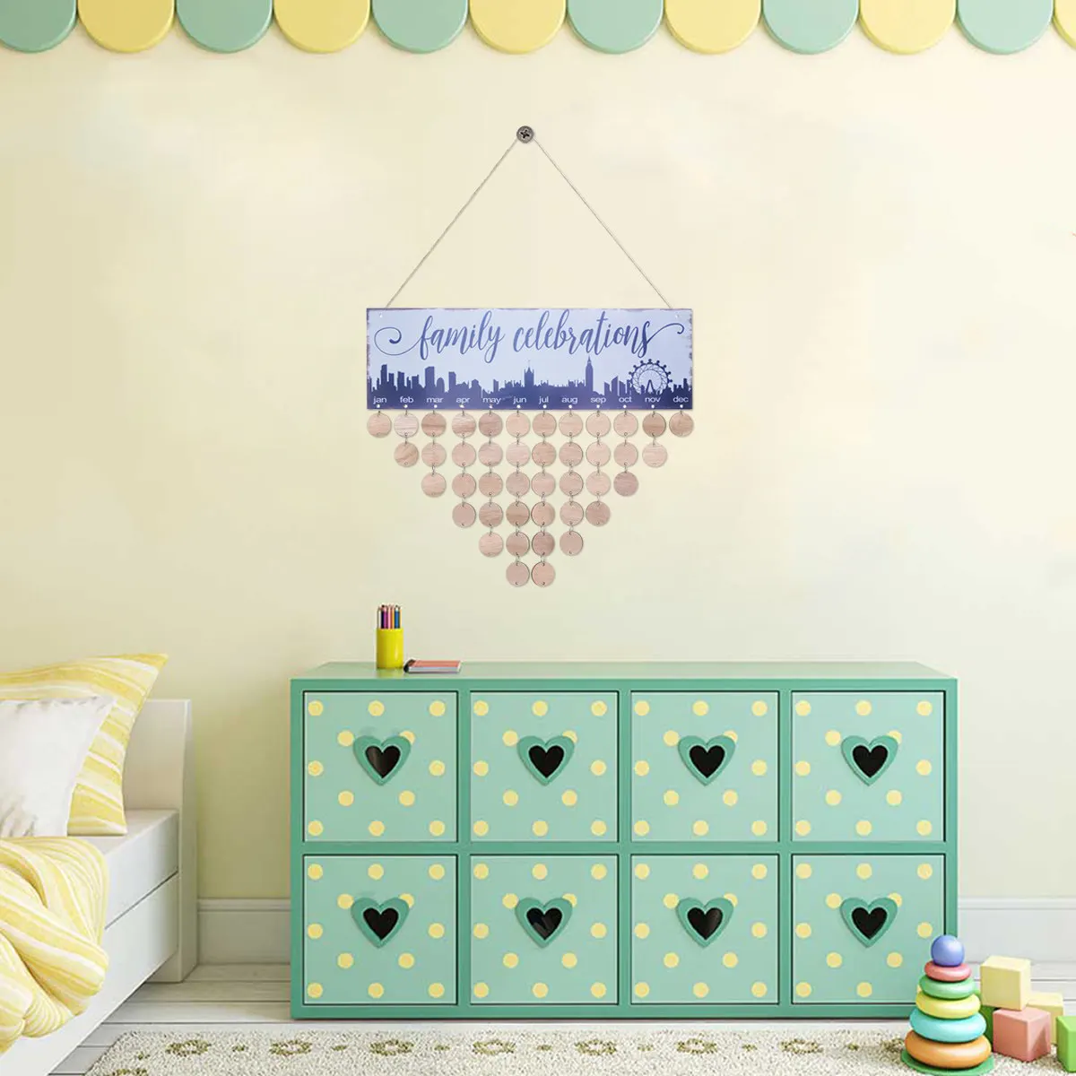 

12x47inch Wooden Calendar Board Colorful Family Celebrations Hanging Plaque with 50 Round Discs Birthday Reminder for Home Wall