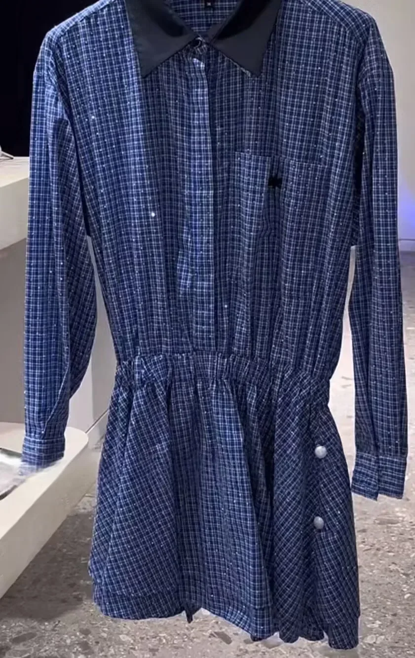 Combinaison à carreaux bleus pour femmes françaises – Col chemise avec strass et body à taille élastique