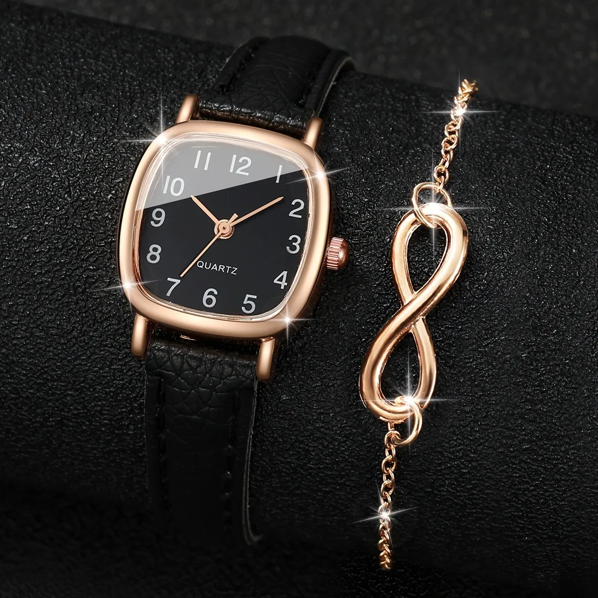 2pcs Elegant and stylish square quartz watch 8 figure engraved bracelet, ideal gift for any occasion