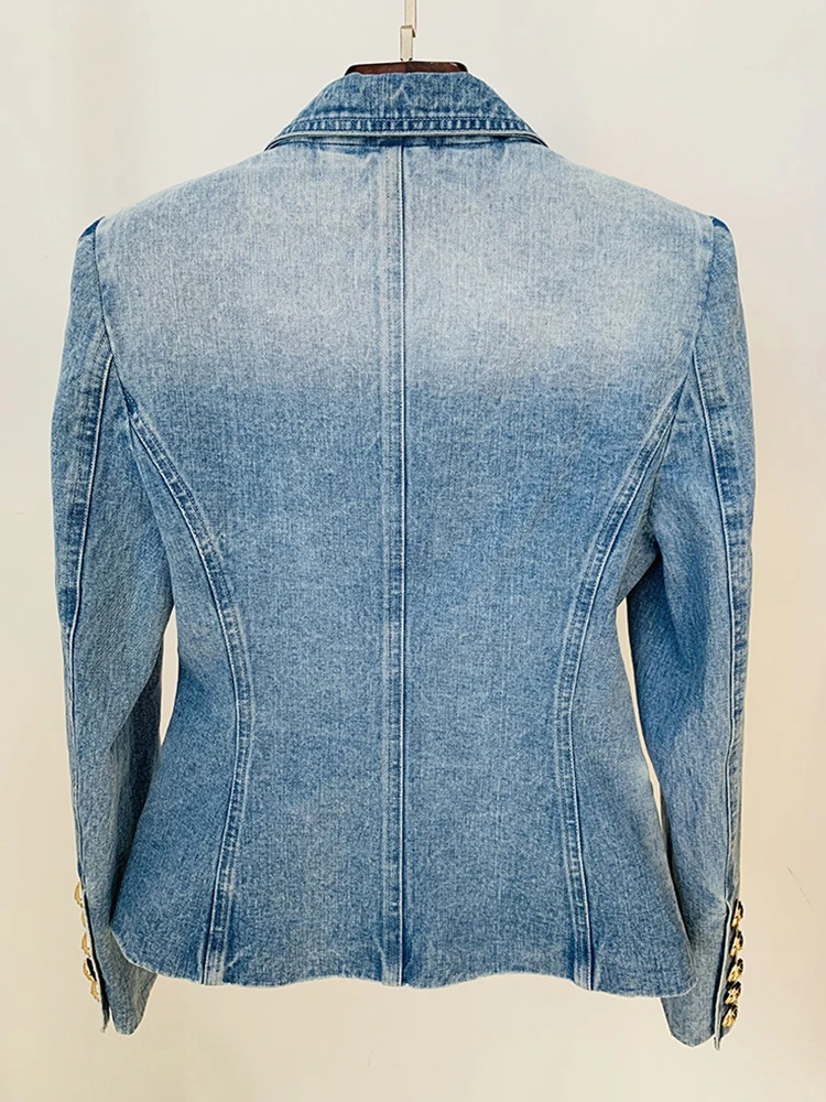 HOHE QUALITÄT Denim Jacke Blazer Frauen Neue Designer Schlank Zweireiher Lion Button Anzug Outfits Denim Blazer Mantel 2024